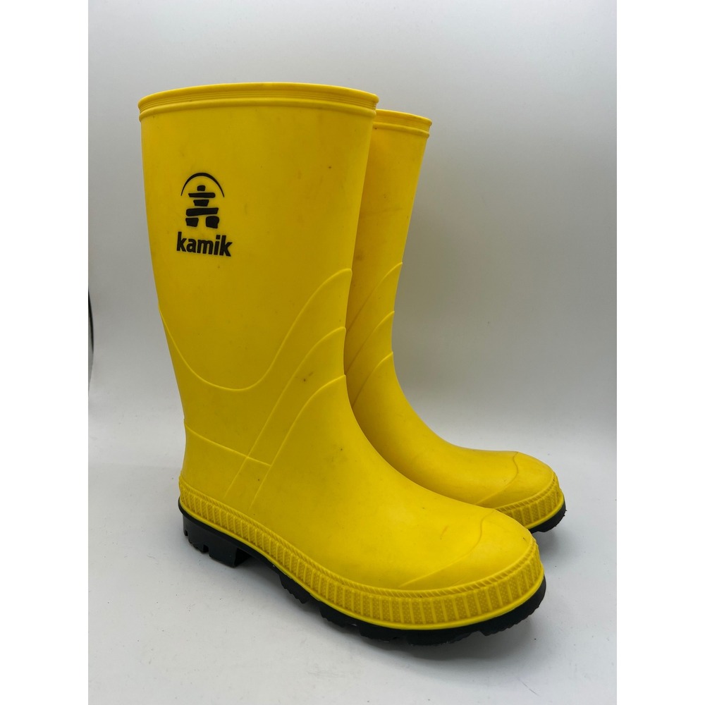 KAMIK Stomp Rain Boots Youth Sz 1 Yellow Black Soles Pull On Rubber Waterproof